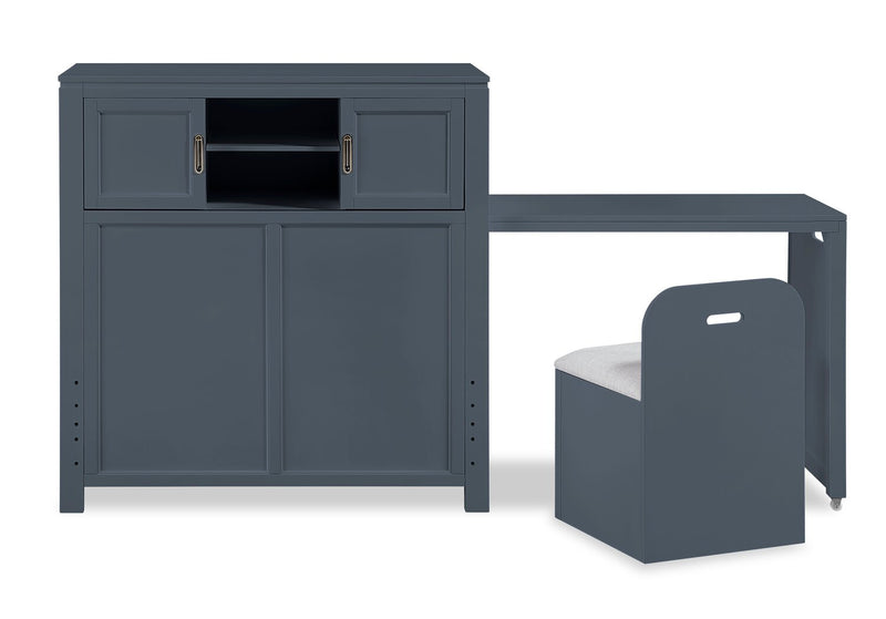 Quinn Platform Bed with Bookcase Headboard, Built-in Desk & Stool, Blue - Twin Size