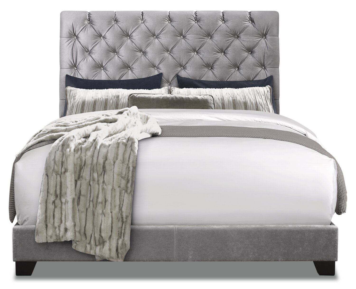 Candace Upholstered Bed in Velvet Grey Fabric, Button Tufted - King ...