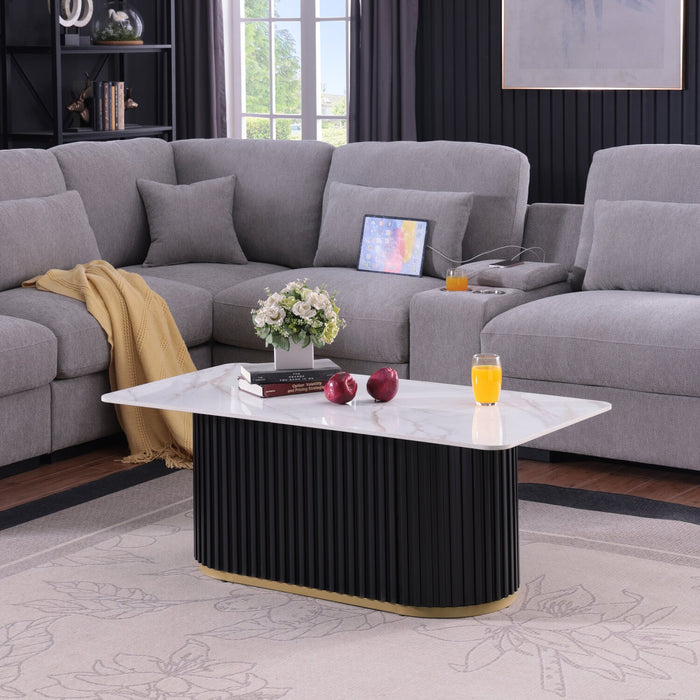 Kort & Co. Capri 47.5\" Modern Rectangular Coffee Table with White Sintered Stone Top – Black and Gold