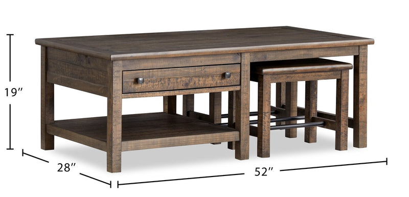 Edwin 52” Country Pine Coffee Table with Storage and Stools - Homestead Brown