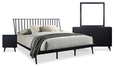Milan 6pc Bedroom Set with Bed, Dresser, Mirror & Nightstand, Mid-Century Modern, Black - King Size | Ensemble de chambre à coucher Milan 6 pièces de style moderne du milieu du 20e siècle avec lit, commode, miroir et table de nuit, noir - très grand lit