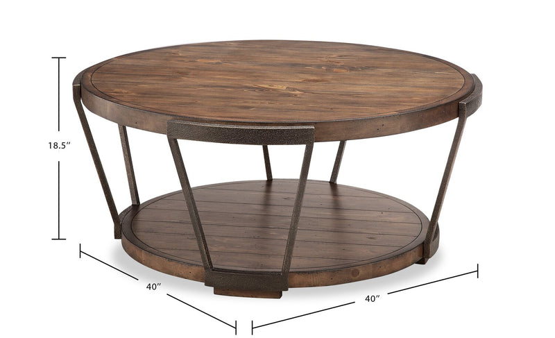 Cheney 40” Industrial Solid Wood Round Coffee Table with Shelf and Casters - Bourbon