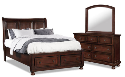 Chelsea 5pc Bedroom Set with Storage Bed, Dresser & Mirror, Cherry Brown - Queen Size | Ensemble de chambre à coucher Chelsea 5 pièces avec lit de rangement, commode et miroir, brun cerisier - format grand lit