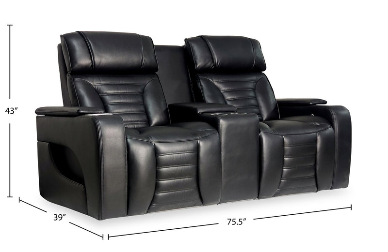 Zen 75.5\" Faux Leather Power Reclining Massage Loveseat with Refrigerator Console - Black