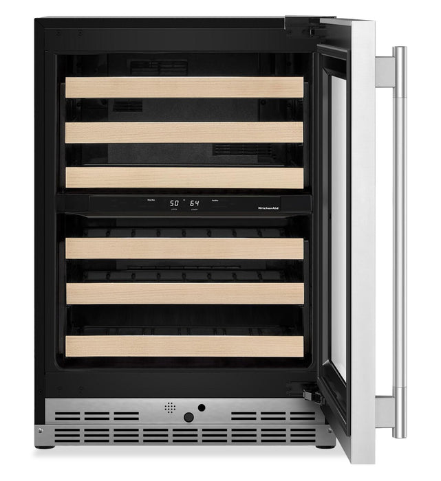Kitchenaid® 24\" Undercounter Wine Cellar with Full-Extension Wood-Front Racks - Stainless Steel - KUWR524SPS