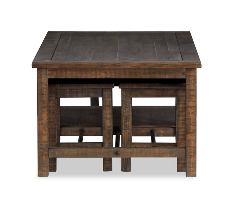 Edwin 52” Country Pine Coffee Table with Storage and Stools - Homestead Brown