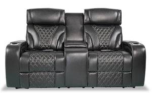 Elite Genuine Leather Power Reclining Loveseat with Massage Function - Black 
