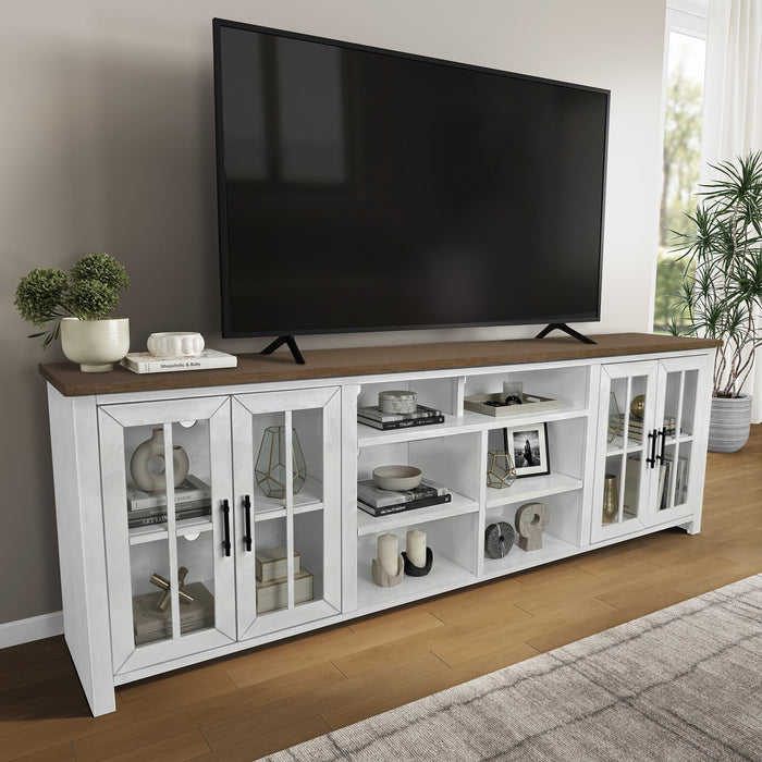 Sterling 95.83\" Modern TV Stand with Storage and Cable Management for TVs up to 100\" – Brown & White