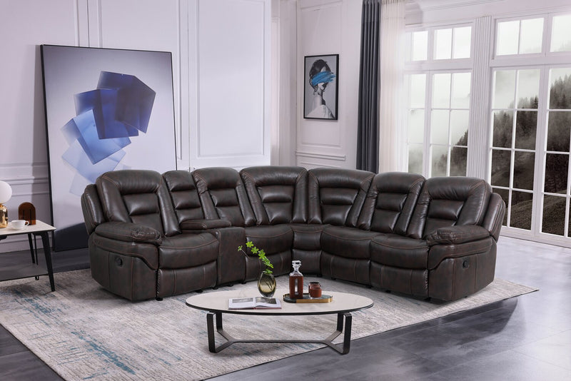Leo 6-Piece Faux Leather Reclining Sectional with Storage Console and Dual Cupholders - Walnut Brown