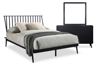 Milan 5pc Bedroom Set with Bed, Dresser & Mirror, Mid-Century Modern, Black - Queen Size | Ensemble de chambre à coucher Milan 5 pièces de style moderne du milieu du 20e siècle avec lit, commode et miroir, noir - format grand lit