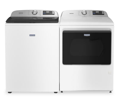 Maytag 6.0 Cu. Ft. Smart Top-Load Washer and 7.4 Cu. Ft. Electric Dryer – White  | Laveuse intelligente à chargement par le haut de 6,0 pi³ et sécheuse électrique de 7,4 pi³ de Maytag - blanches