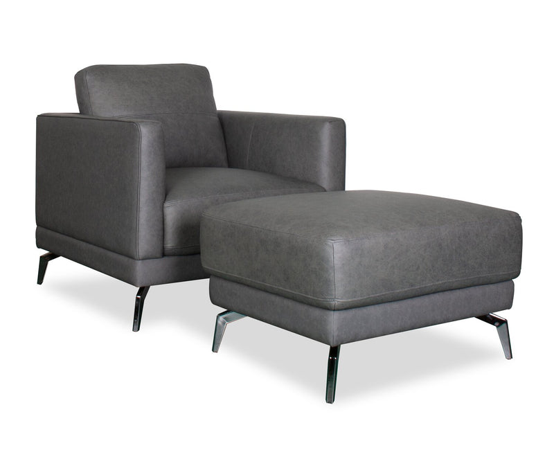 Melrose 31\" Top-Grain Genuine Leather Ottoman with Metal Legs - Grey