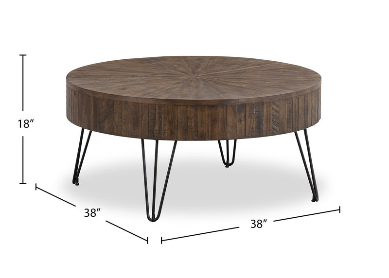Kort & Co. Sol 38” Rustic Round Solid Pine Wood Coffee Table - Brown