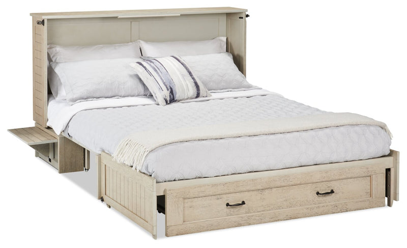 Parker Cabinet Bed with Memory Foam Mattress, Brushed Driftwood - Queen Size   
