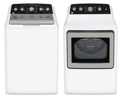 GE 4.9 Cu. Ft. Top Load Washer and 7.2 Cu. Ft. Gas Dryer with SaniFresh | Laveuse à chargement par le haut 4,9 pi3 et sécheuse à gaz 7,2 pi3 de GE avec cycle SaniFresh