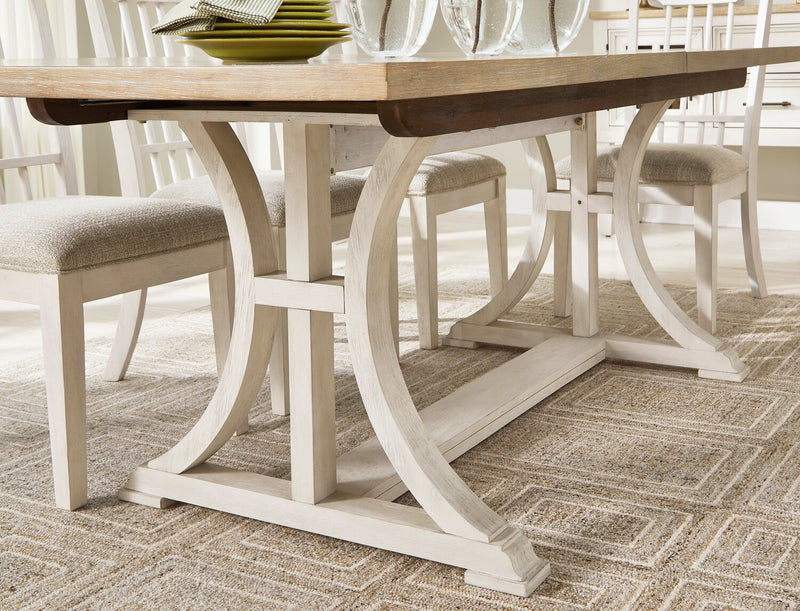 Quill Dining Table with Trestle Base, 72-90\"W - Antique White & Brown