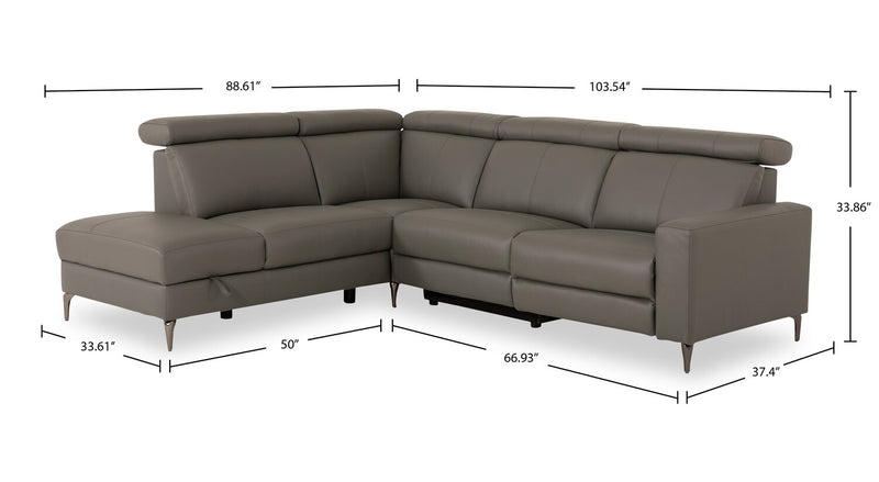 Valentino 3-Piece Left-Facing Genuine Leather Power Reclining Sectional with Adjustable Headrests - Grey