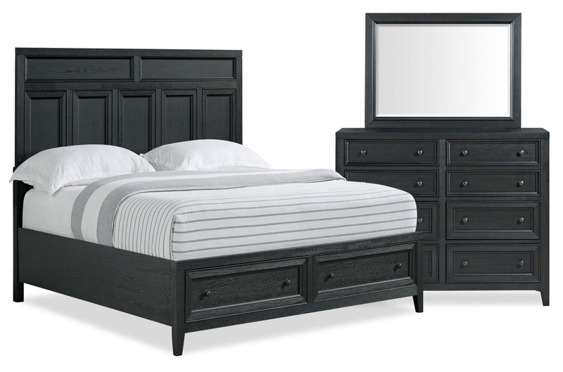 Casa 5pc Bedroom Set with Bed, Dresser & Mirror, Wood, Black - Queen Size