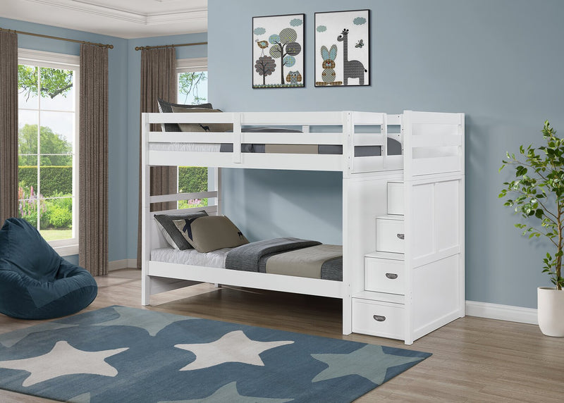 Quinn Bunk Bed with Built-in Staircase Dresser & Guard Rail for Kids, White - Twin/Twin