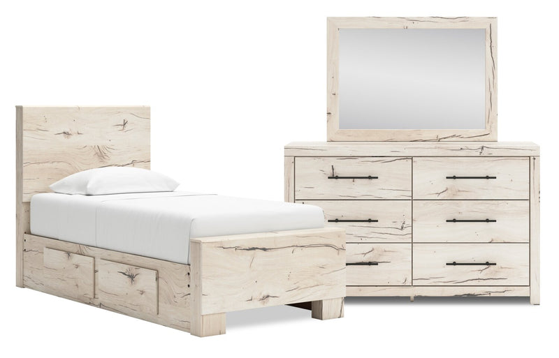 Derekson 5pc Bedroom Set with Side Storage Bed, Dresser & Mirror, Rustic White - Twin Size