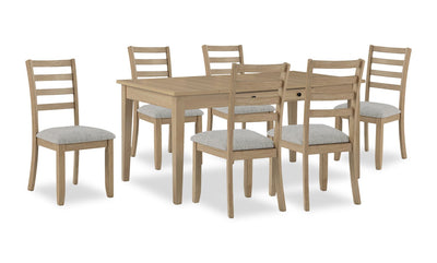 Cove 7pc Dining Table Set with Table & 6 Chairs, Storage Drawers, Melamine, 66"W - Natural/Grey | Ensemble de salle à manger Cove 7 pièces en mélamine avec table de 66 po (L), tiroirs de rangement et 6 chaises - naturel et gris