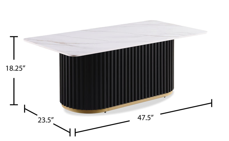 Kort & Co. Capri 47.5\" Modern Rectangular Coffee Table with White Sintered Stone Top – Black and Gold