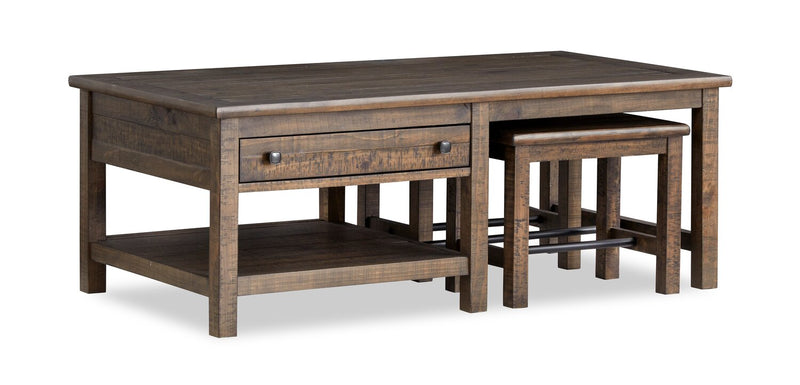 Edwin 52” Country Pine Coffee Table with Storage and Stools - Homestead Brown