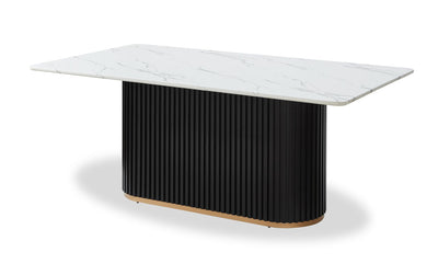 Kort & Co. Capri Dining Table with Marble-Look Top & Gold Accent, Pedestal Base, 72"W - Black/White | Table de salle à manger Capri de Kort & Co. de 72 po (L) avec dessus en imitation de marbre, touches dorées et base piédestal - noire et blanche