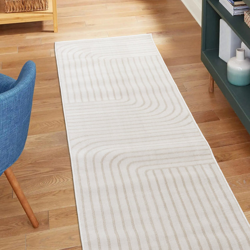 Fresh Washable Beige Rug with Modern Lines - 2'0