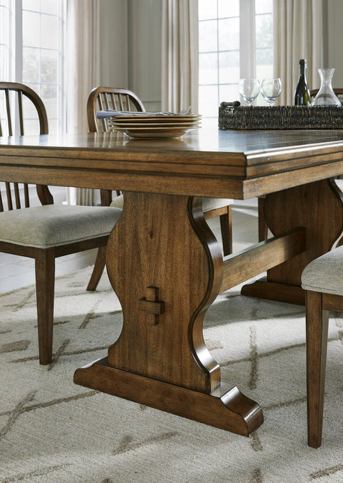 Clara Dining Table with 68-86\"W Extension, Trestle Base - Brown