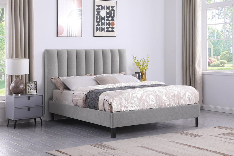 Amos Upholstered Platform Bed in Grey Fabric with Channelled Headboard - King Size