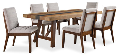 Boden 7pc Dining Set with Table & 6 Chairs, Trestle Base, 78"W - Brown & Beige | Ensemble de salle à manger Boden 7 pièces avec table de 78 po (L), base à tréteaux et 6 chaises - brun et beige