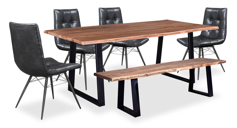Oskar 6pc Dining Set with Table, Bench & 4 Avis Chairs, Acacia Wood & Metal, 79\"W - Natural & Black