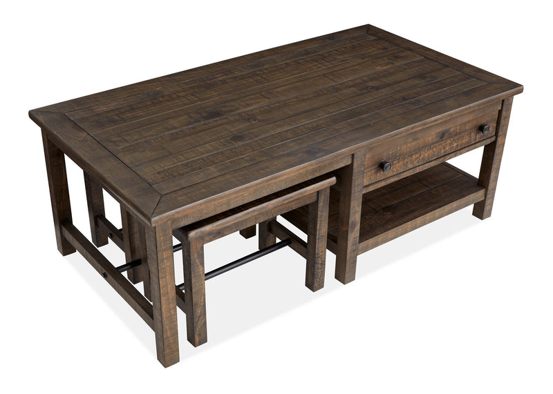 Edwin 52” Country Pine Coffee Table with Storage and Stools - Homestead Brown