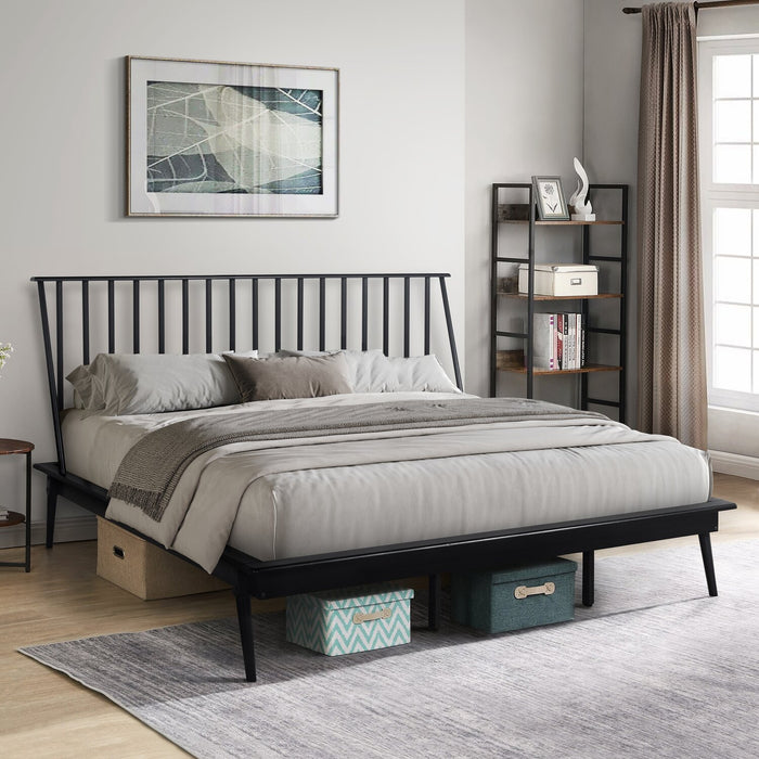 Milan Platform Bed with Headboard & Frame,  Mid-Century Modern, Black - King Size