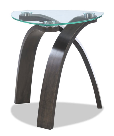 Jorja 23.25" Modern Glass Top End Table - Brown with Bentwoood Legs|Table de bout moderne Jorja de 23,25 po avec dessus en verre - brune avec pattes en bois cintré