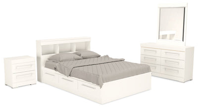 Riley Mates Bed 6pc Set with Bookcase Headboard, Dresser, Mirror & Nightstand, White - Full Size | Ensemble lit matelot Riley 6 pièces avec tête de lit bibliothèque, commode, miroir et table de nuit, blanc - format lit double