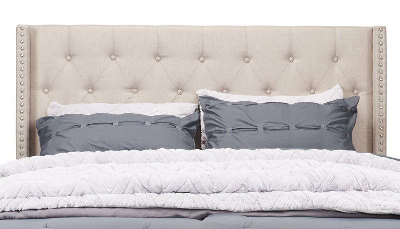 Brady Upholstered Wingback Bed in Light Grey Fabric with Nailhead Design, Button Tufted - King Size