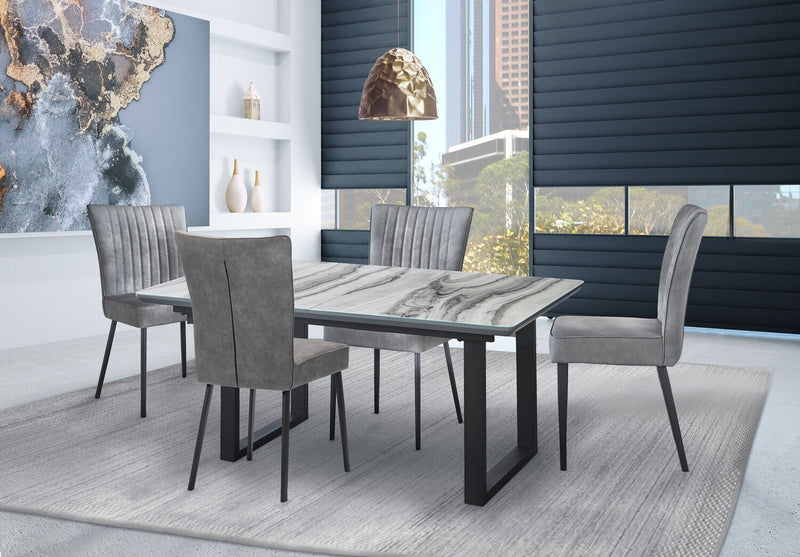 Ezra Dining Table, 63-79\"W Self-Storing Butterfly Leaf, Metal, Glass, Faux Marble - White