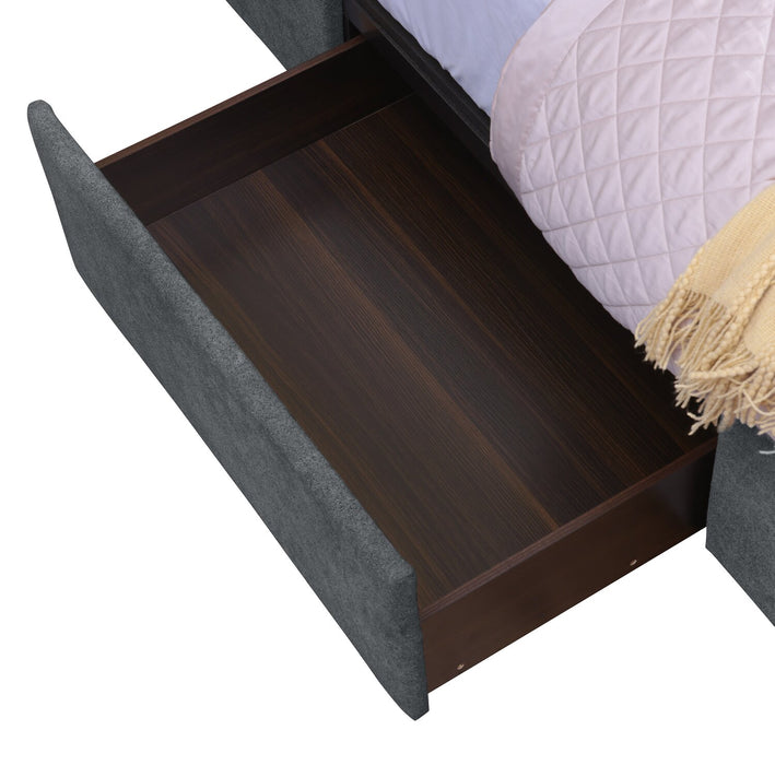 Amos Upholstered Storage Bed in Charcoal Fabric with Channelled Headboard & 3 Built-in Drawers - Queen Size