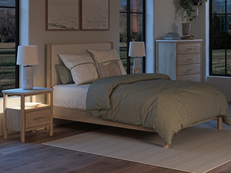 Jolie Panel Bed with Headboard & Frame, Boucle Fabric, White & Natural - Queen Size