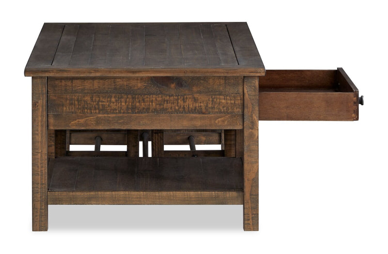 Edwin 52” Country Pine Coffee Table with Storage and Stools - Homestead Brown