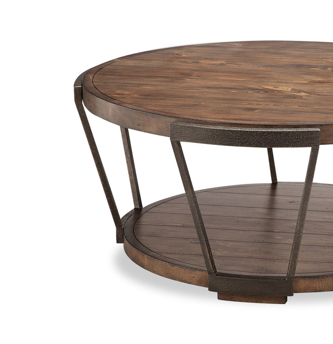 Cheney 40” Industrial Solid Wood Round Coffee Table with Shelf and Casters - Bourbon