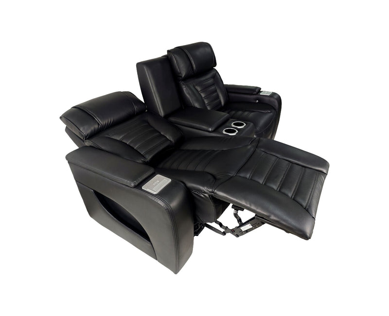 Zen 75.5\" Faux Leather Power Reclining Massage Loveseat with Refrigerator Console - Black