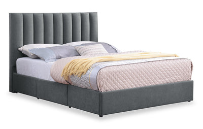 Amos Upholstered Storage Bed in Charcoal Fabric with Channelled Headboard & 3 Built-in Drawers - Full Size | Lit de rangement Amos rembourré en tissu anthracite avec tête de lit à canaux et 3 tiroirs intégrés - format lit double