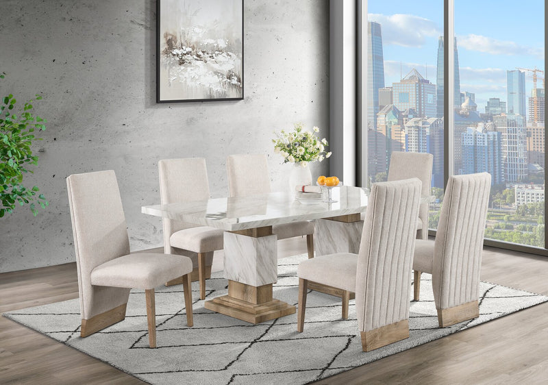 Vega 7pc Dining Set with Table & 6 Chairs, Marble Look, Pedestal Base, 82\"W - Natural & White