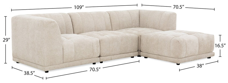 Kort & Co. Oaklyn Modular 4-Piece Fabric Sectional with Ottoman and Tufted Seat Cushions - Beige