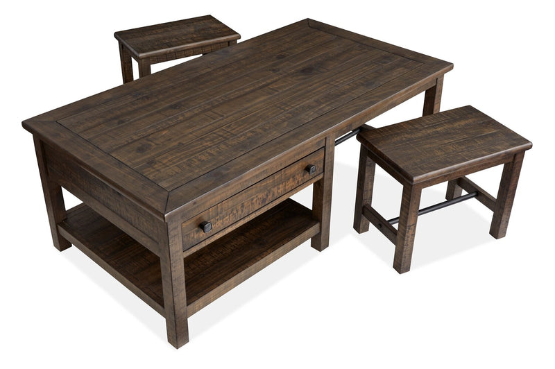 Edwin 52” Country Pine Coffee Table with Storage and Stools - Homestead Brown