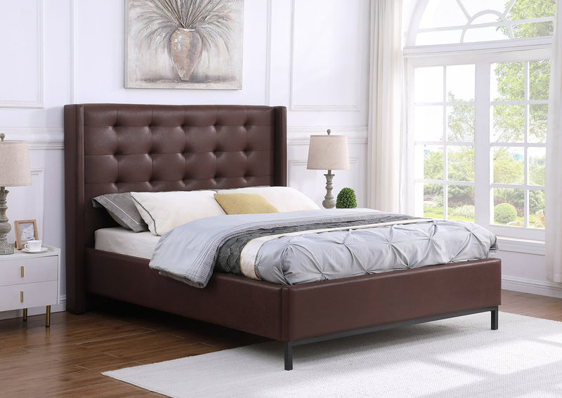 Hugo Upholstered Platform Bed in Brown Vegan-Leather Fabric, Tufted - King Size