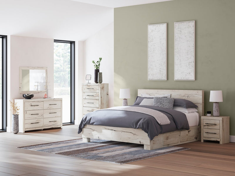 Derekson Storage Bed with 2 Built-In Side Drawers, Rustic White - King Size